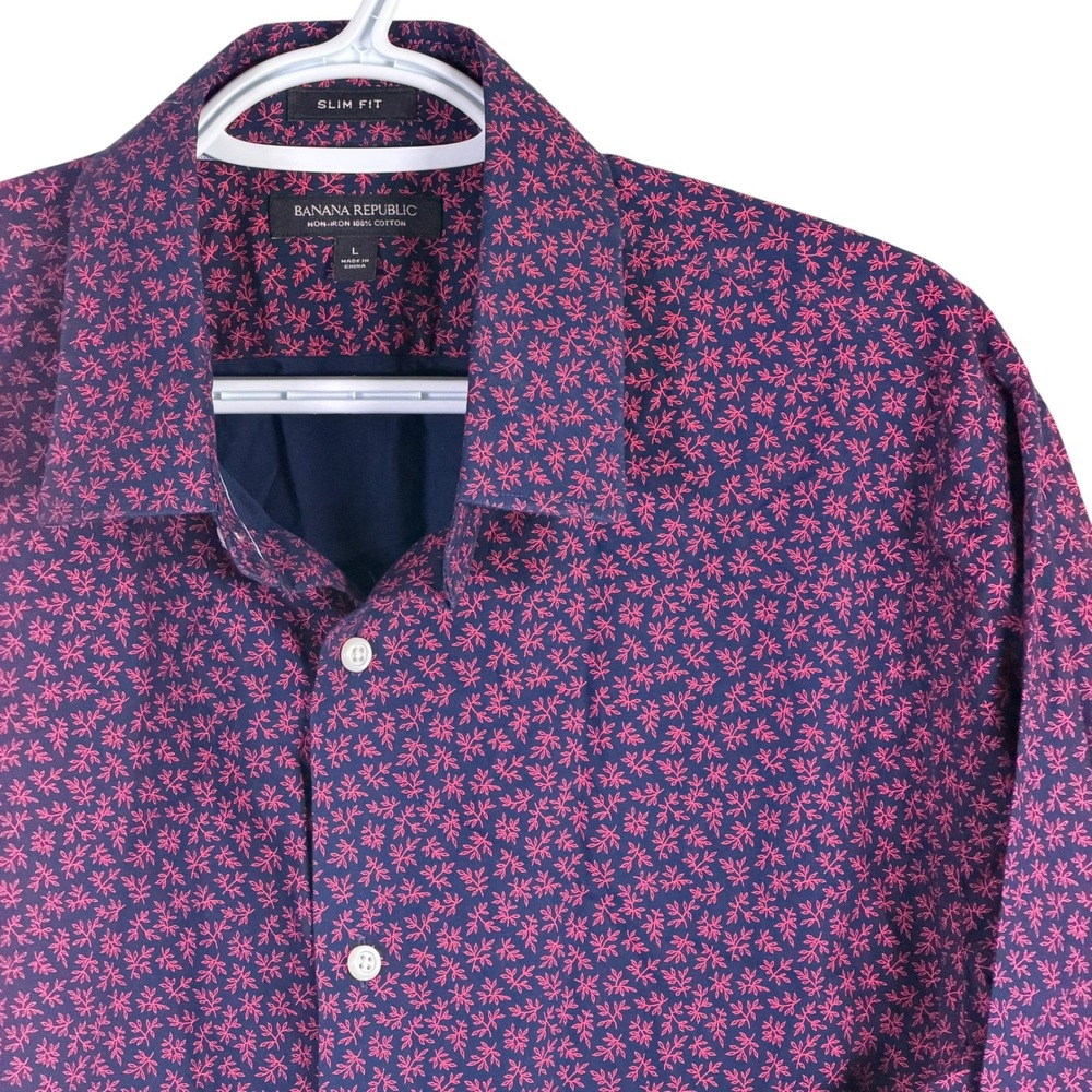 Banana Republic Button Up Shirt Mens L Blue Red Floral Slim Fit Non-Iron Cotton
